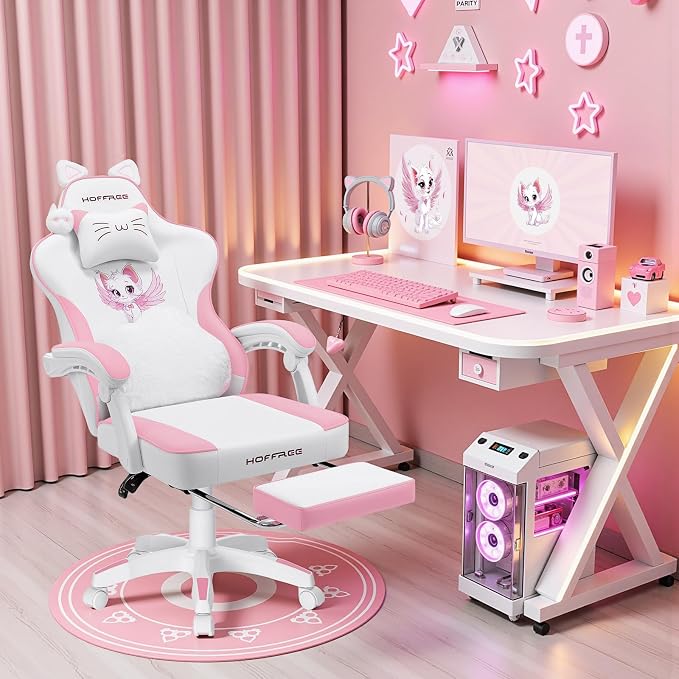 Pink Gaming Chair for Girls Cute Massage Computer Chair with Cat Ears | Cute Computer Office Chair Ergonomic Reclining Gamer Chair with Footrest Lumbar Support PC Game Chairs for Women Adults - Image 7