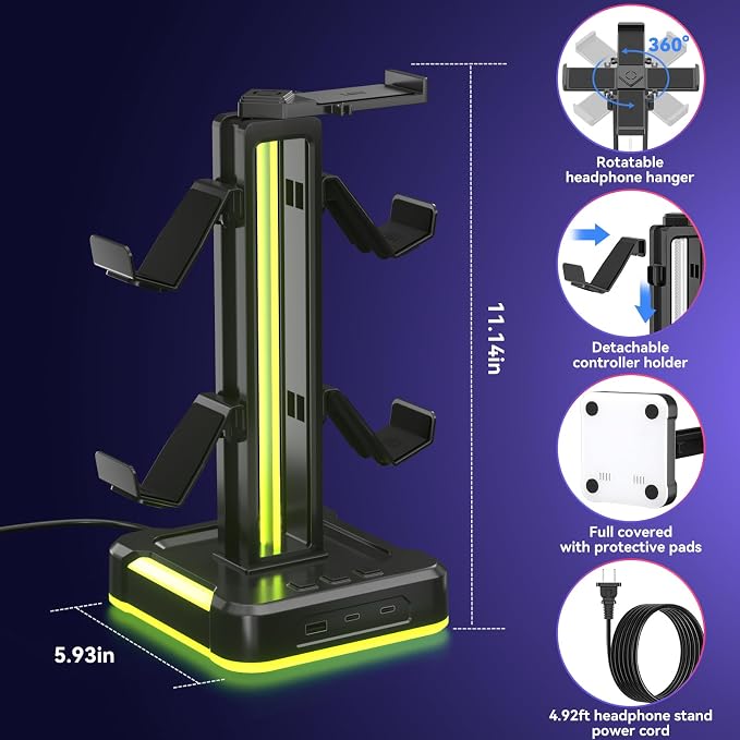 KDD RGB Gaming Headphone and Controller Stand with 2 Type-C and 1 USB Ports | Headset Stand with 9 Light Modes, Headset Holder for Desk, Controller Headphone Holder, For Gift PC Gaming Room Accessories - Image 5
