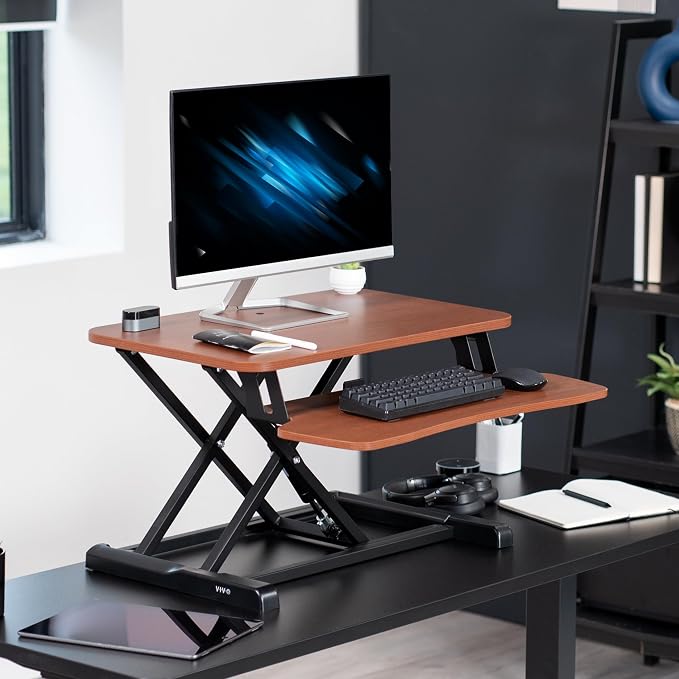 VIVO Dark Walnut 26 in Standing Desk Converter, DESK-V026KA | Height Adjustable, Stand Up Desk Riser, Wide Keyboard Tray, Dual Monitor and Laptop Workstation, Black Frame, K Series - Image 2