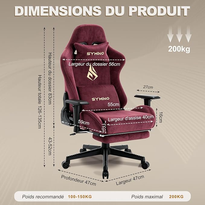 Symino Gaming Chair, High Back Ergonomic Office Chair with 2D Adjustable Armrests, 150° Recline, Breathable Faux Suede, Adjustable Headrest & Footrest for Home Office - Image 3