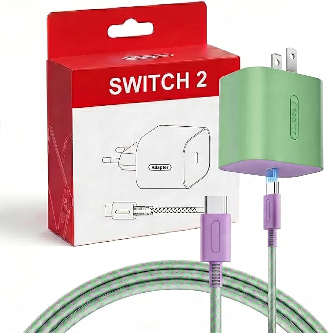 TPC 60W Charger for Nintendo Switch 2, Supports 4K TV Mode, Fast Charging AC Adapter (20V 3A) with 6.6FT Braided USB-C Cable, Compatible with Switch 1/OLED/Lite & Steam Deck (Green & Lavender) by TPC