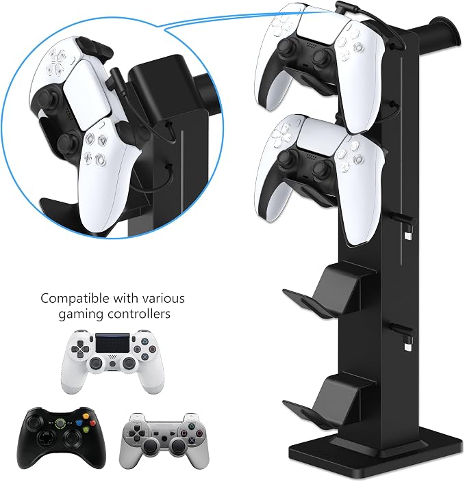 KAFRI RGB Gaming Headphone Stand with Controller Holder, Desk Organizer with Retractable Charger Cable, 2 AC Outlets & 4 Type-C Charging Ports, PC Gaming Accessories for Headset & Controller (Black) - Image 2