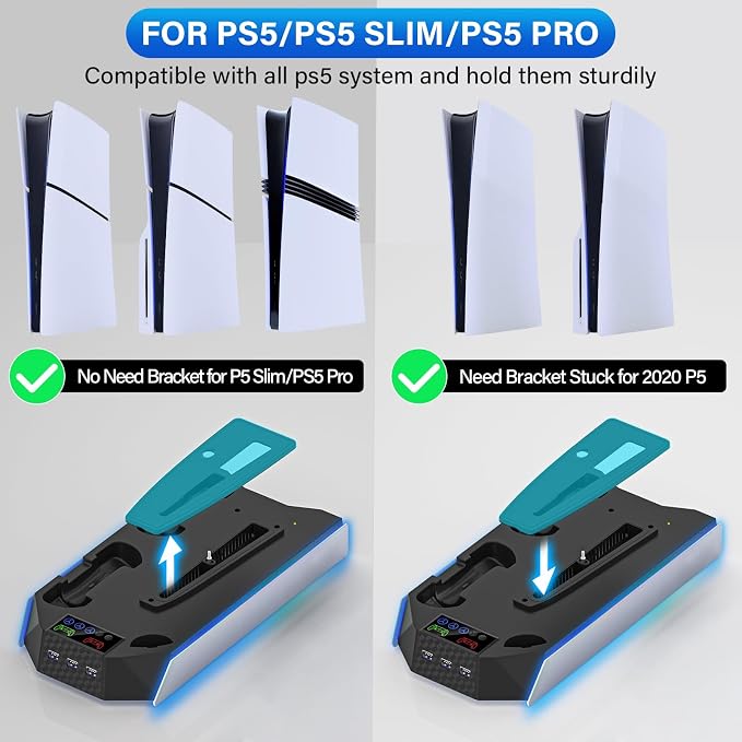 PS5 / PS5 Slim Cooling Station Stand LED with Dual Controller Charging Station for PlayStation 5 Console, PS 5 Accessories Incl. Controller Charger, Cooling Fan, Headset Holder, 3 USB Hub-White&Black - Image 2