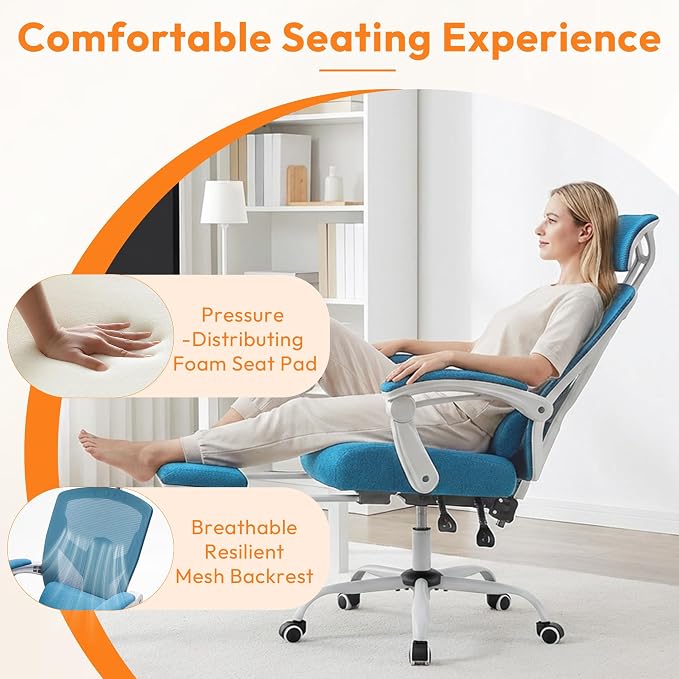 Ergonomic Desk Chair, High Back Office Chair with Wheels, Elegant Blue | Computer Chair with Footrest, Swivel Reclining Gaming Chair with Headrest, Comfy Armrest for Home, Office, Work, Study - Image 6