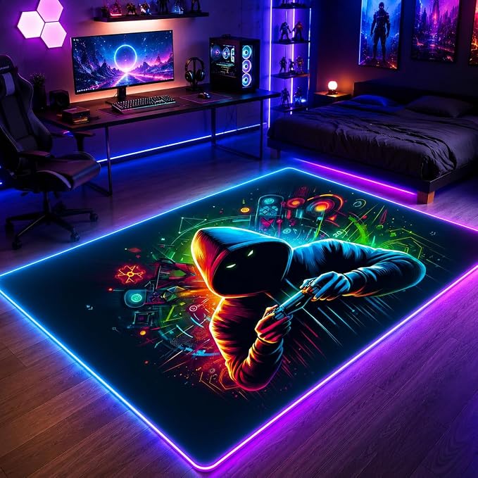 Gaming Rug RGB LED Light (3x5 Gamer) - Bedroom Gamer Rug Floor Mat Gaming Decor - Kids Room Rug Anti Slip Mat for Chair – Play Game Room Décor for Teen, Boys, Kids - Image 9