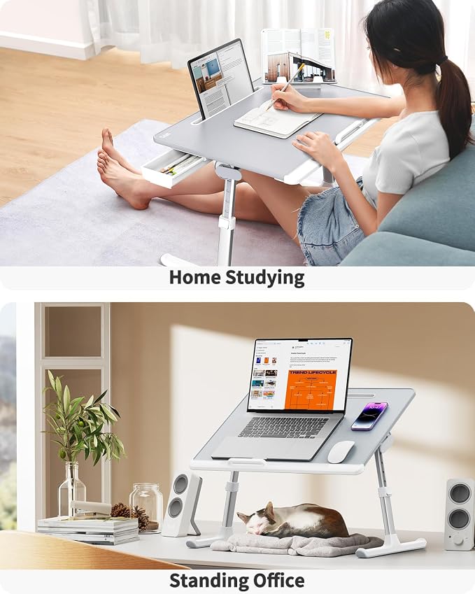 Laptop tray, SAIJI 60*45cm Table lap for bed, Multi-purpose Premium Lapdesk, Height Angle adjustable, with Book Stand, Drawer, Tablet slot, for Eating, Working, Writing, Gaming, Drawing (Light Grey) - Image 7