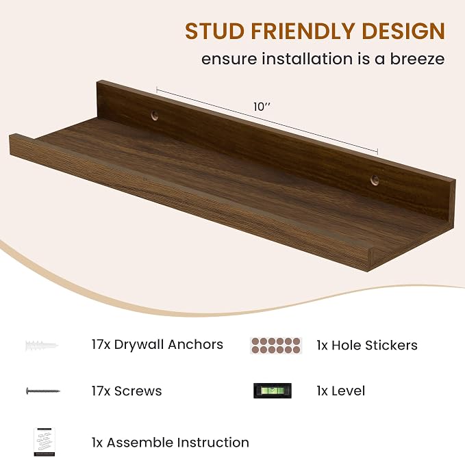 Picture Ledge Shelf, Floating Shelves for Wall Decor, Walnut, 6Pcs, 16'' - Image 5