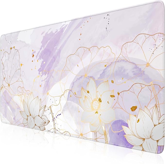 iCasso Desk Cover Mat, Extra Large Lotus Mouse Pad, Purple Lotus Leaf | Desk Pad Mat, Office Matt for Desktop Protector, Anti-Slip XXL Big Mousepad with Stitched Edges for Laptop Computer Keyboard - Image 2