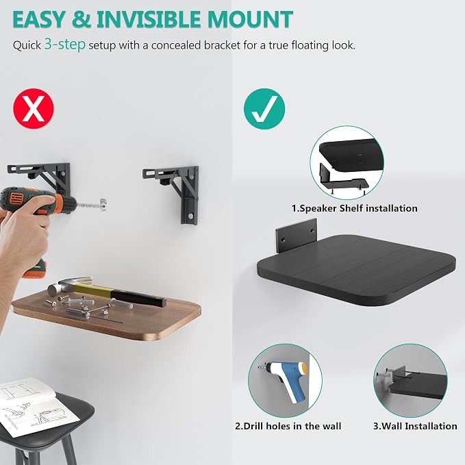 WALI Surround Sound Speaker Wall Mount, 1 Pair Heavy Duty Floating Shelf - Image 6