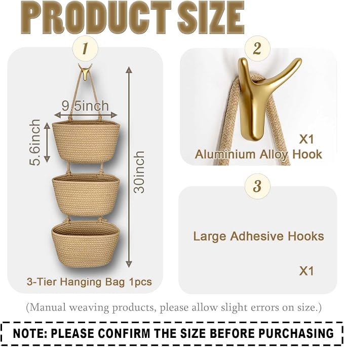 3-Tier Decorative Cotton Rope Hanging Basket, Wall-Mounted Woven Storage Organizer Bag, Jute - Image 3