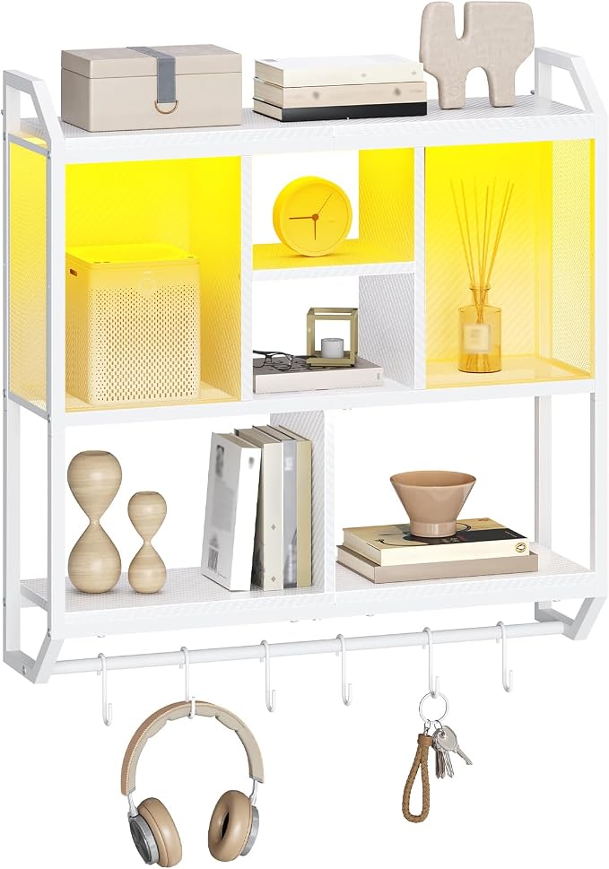 HOOBRO Gaming Floating Shelves with LED Lights, 28.7" LED Wall Mounted Shelf, 3-Tier Display Rack for Wall Storage, Floating Rack with Hanging Rod and 6 S-Hooks, for Gaming Room, White WT70DBJ01 - Image 9