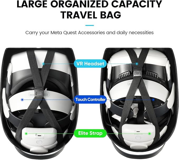 BnLnHOGVR Carrying Case for Meta Quest 3S/Quest 3/Quest 2/Pimax Dream Air VR Headset, Controller, BOBOVR S3 Pro/Kiwi Design Head Strap, Hard Sling Travel Bag for Extra Accessories with Lens Cover - Image 4