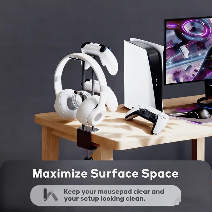 Headphone Stand with Controller Holder, Aluminum Under Desk Clamp Headset and Controller Stand - 2 in 1 Headphone Hanger for Desktop PC Gaming Accessories Organizer with PS5 Xbox Series S - Image 2