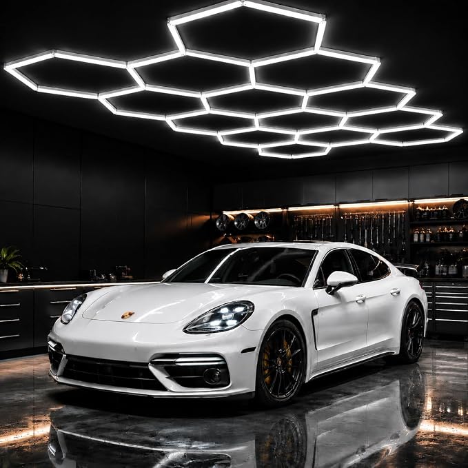 14-Hexagon LED Garage Lights with Outer Rectangle, 600W 60800LM Honeycomb Ceiling Light, 6500K Ultra Bright Workshop & Auto Detailing Light System (57 Tubes Included) by Tiyahomey