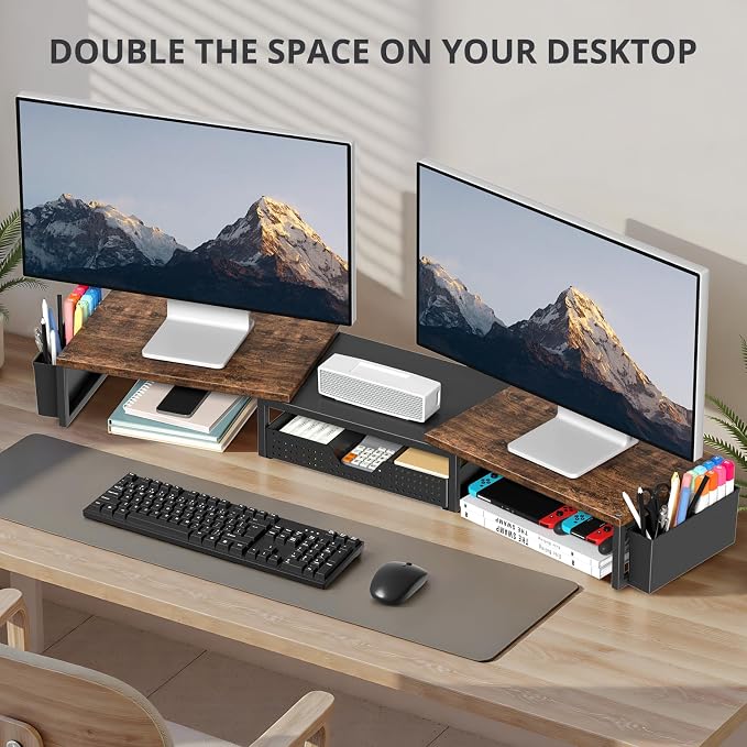 OPNICE Desk Organizers and Accessories, Dual Monitor Stand Riser with Drawer and 2 Pen Holders, Desk Shelf Computer Racks for Office Workspace Organizers, Desktop Organization (Rustic Brown) - Image 3