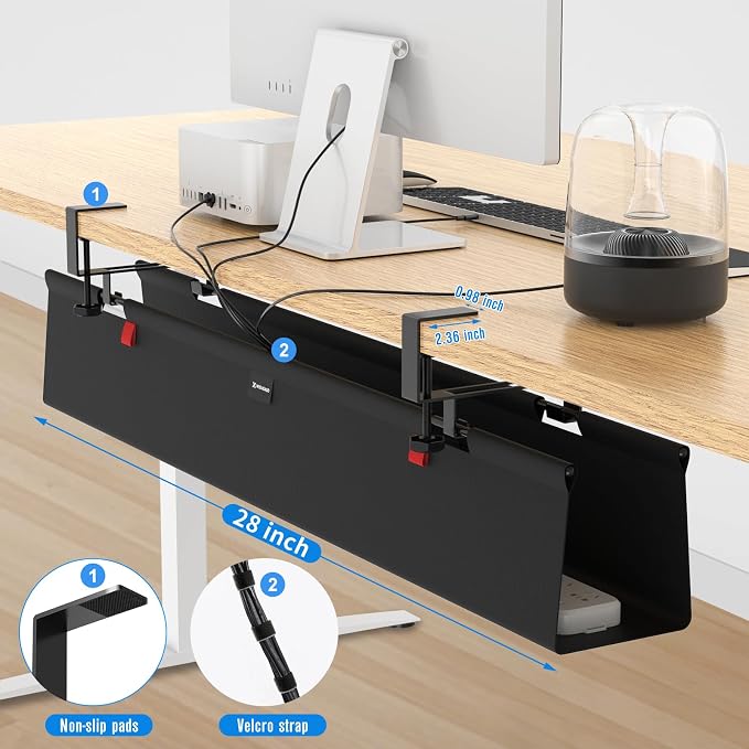 No Drill Under Desk Cable Management Tray, 28" Cord Management Tray with Cable Loop, Upgraded Oxford Fabric Wire Management for Standing Desk - No Damage to Table - Image 3