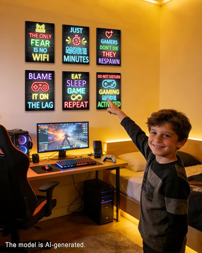 KUVIOKE Video Gamer Room Decor for Teen Boys Gaming Wall Art Gamer Neon Sign Teenage Bedroom Decor Ready to Hang Set of 6, 12x16in (Framed) - Image 6