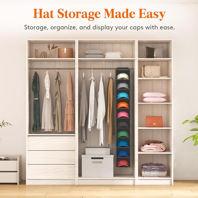 Lifewit 10 Section Hanging Hat Organizer for Baseball Caps, Black, 1 Pack - Image 3