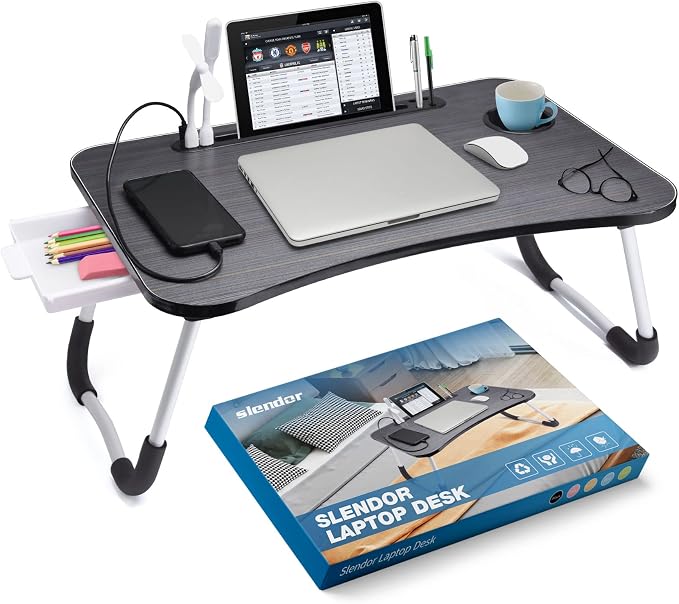 Slendor Bed Desk for Laptop and Writing with Storage, Cup Holder, Light by Slendor