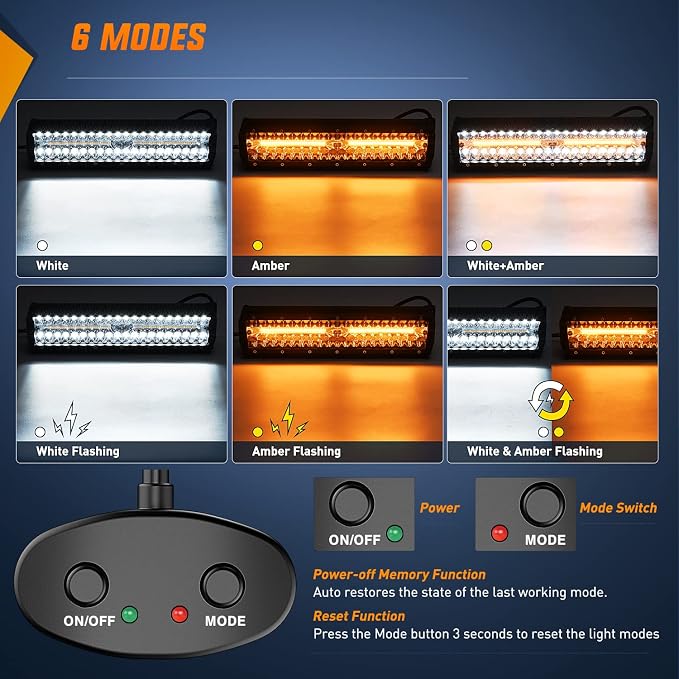 Nilight 12Inch 300W LED Light Bar 2PCS 4Inch 60W Light Pods Amber White Strobe 6 Modes Memory Function Reset Function Off Road Truck with 16AWG Wiring Harness Kit-3 Leads, 2 Years Warranty - Image 3