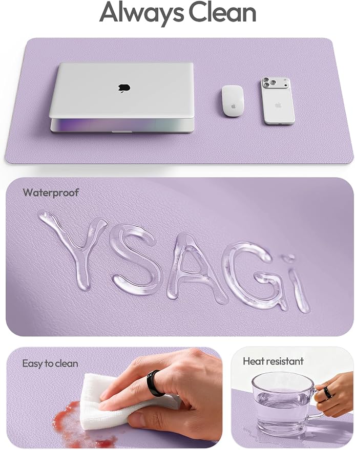 YSAGi Leather Desk Protector, Office Mat, Large Mouse Mat, Non-Slip PU Leather Blotter, Laptop Desk Mat, Waterproof Writing Pad for Office and Home(Light Purple, 63" x 17.2") - Image 9