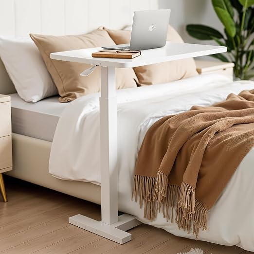 Overbed Bedside Table with Hidden Casters, Adjustable Pneumatic Mobile Laptop Computer Standing Desk, Rolling Laptop Table, Movable Overbed Table Hospital Home Use, White - Image 6
