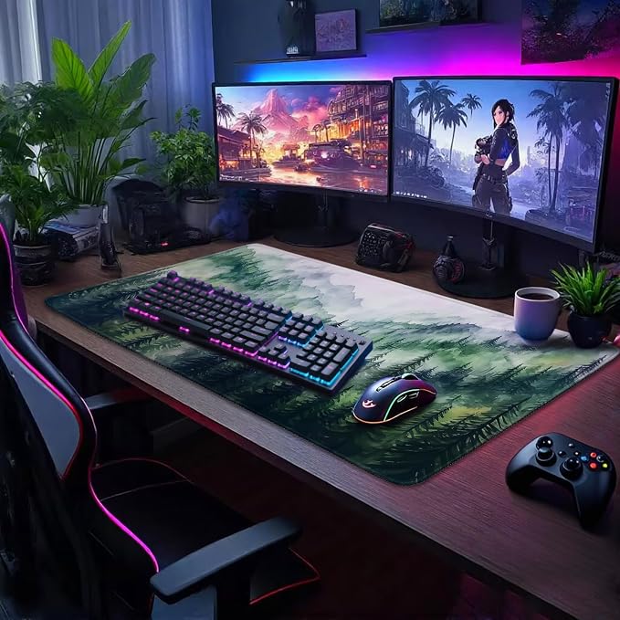 Misty Forest Mountain Gaming Mouse Pad Desk Mat 31.5"x15.7" | Extended Mousepad, Non-Slip Rubber Base , Stitched Edges, for Computer/Laptop/Office/Home - Image 3
