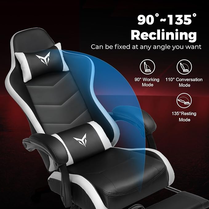 GTPLAYER Gaming Chair with Footrest, Video Game Chairs Racing Style PC Game Chairs 350lbs for Adults - Padded High Back Ergonomic Reclining Silla Gamer, Linkage Armrest,White - Image 4