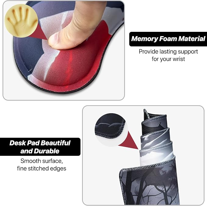 3-in-1 Large Gaming Mouse Pad, Anime Mouse Pad & Keyboard Wrist Rest Support, Memory Foam Ergonomic, Japanese Red Moon Desk Mat Set for Home Office Study Game, 31.5 X 11.8 Inch - Image 5