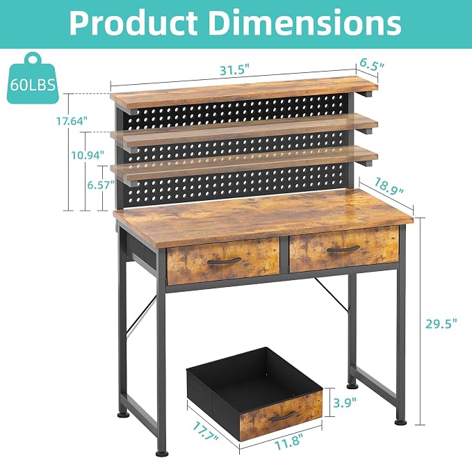 MUTUN Small Desk with Drawers, 31 Inch Computer Desk with Power Outlet & LED Light, Gaming Desk with Adjustable Monitor Stand & Pegboard, Modern PC Study Writing Table for Bedroom, Rustic Brown - Image 3