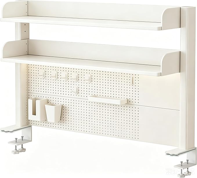 31.5 Inch Clip-on Desktop Organizer Bookshelf with Pegboard, Desk Shelf Organizer, Multipurpose Computer Desk Desktop Bookshelf, Desk Extender Pegboard Clamp, Desktop Display (White) by Unknown