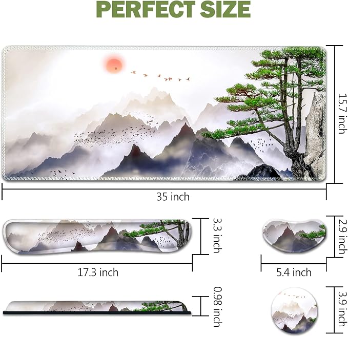AIMSA Large Gaming Mouse Pad Set, Keyboard Wrist Rest Support + Extended Mouse Pad + Mouse Wrist Cushion + Coaster, Ergonomic Memory Foam Desk Mat 35x15.7in Anti-Slip Base (Pine Tree Mountains) - Image 7