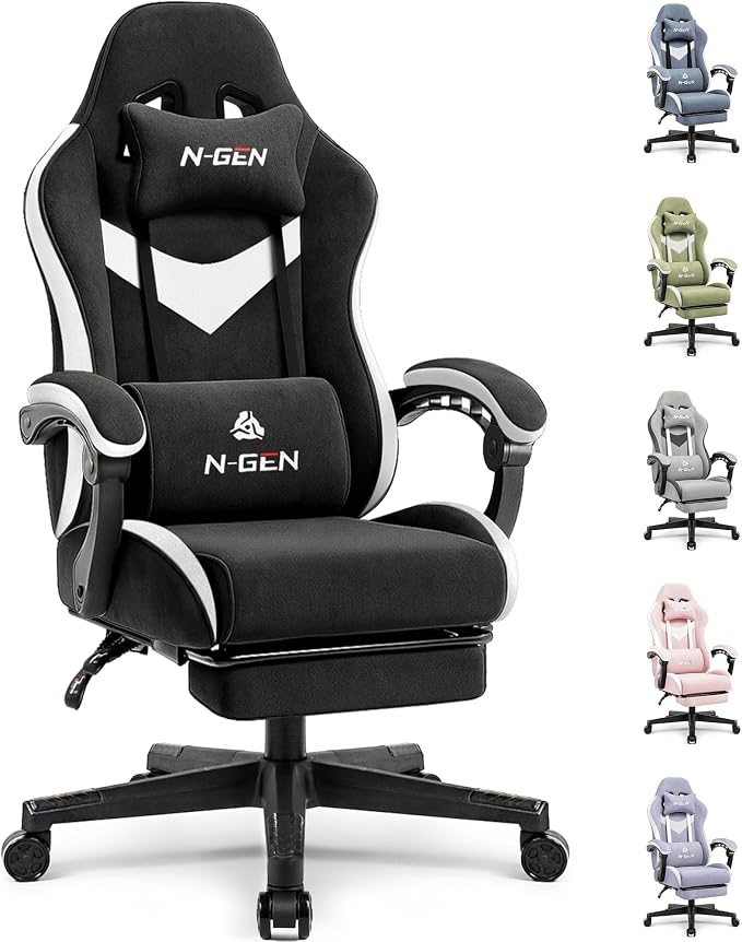 N-GEN GAMING Gaming Chair, Reclining Backrest, Footrest, Fabric, Black | Ergonomic Design with Reclining Backrest, Linkage Armrests and High-Density Foam, Comfy Seating for Computer or Home Office by N-GENGAMING