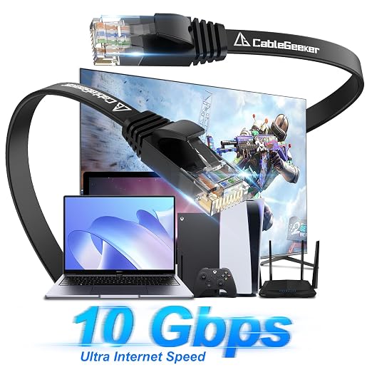 CableGeeker Cat 6 Flat Ethernet Cable 60ft, 10Gbps, Black - Image 2