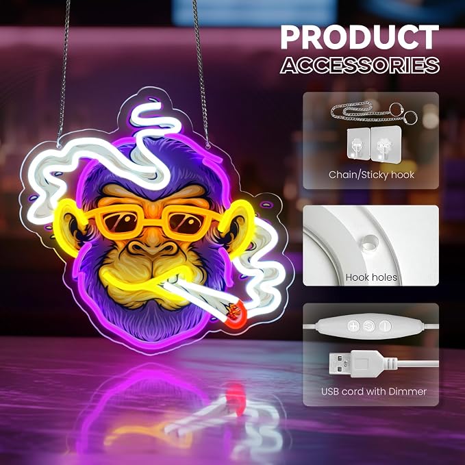 Cool Monkey Neon Sign, Smoking Monkey Led Sign for Wall Decor, Usb Powered Adjustable Brightness Anime Monkey Led Light for Bedroom Bar Pub Game Room Party Man Cave Decor, Unique Gift - Image 4