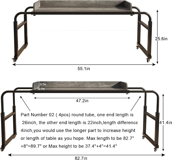TigerDad Overbed Table with Wheels Overbed Desk Over Bed Desk King Queen Bed Table Overbed Laptop Table Over Bed Table with Wheels((Gray) - Image 2