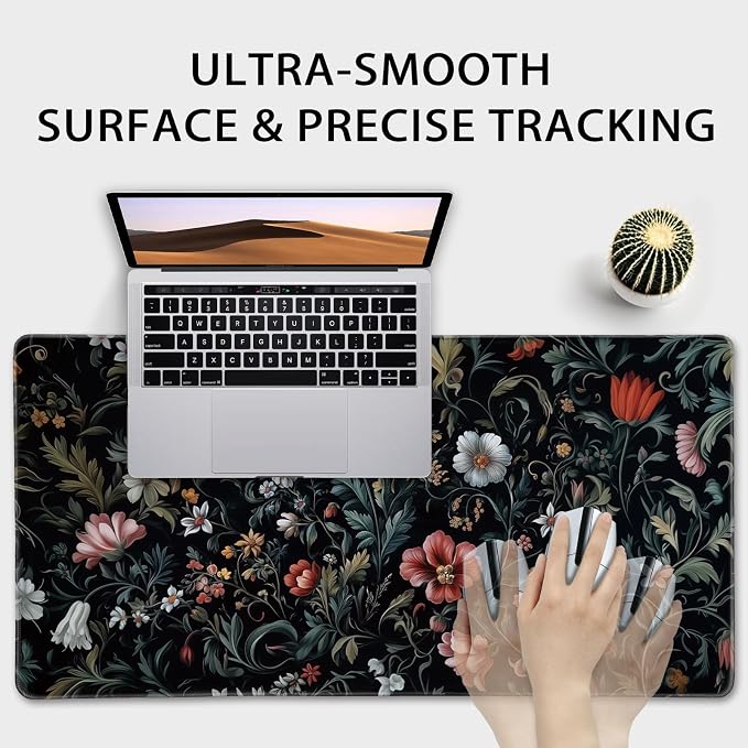 Dark Floral Pattern Large Gaming Mouse Pad Desk Mat 31.5"x15.7" | Extended Mousepad, Non-Slip Rubber Base , Stitched Edges, for Computer/Laptop/Office/Home - Image 5
