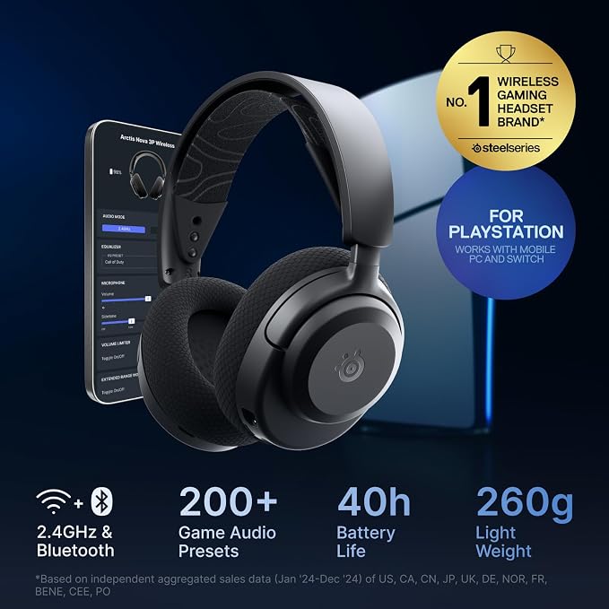 SteelSeries Arctis Nova 3P Wireless Multi-Platform Gaming Headset — Mobile App Control — 40 HR Battery — Neodymium Magnetic Drivers — 2.4GHz/Bluetooth — PS5, PS4, PC, Switch, Mobile — Black - Image 2