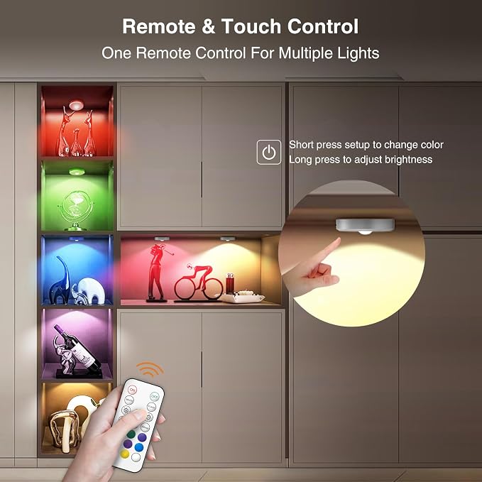 RGB Puck Lights with Remote Control, 2000mAh Rechargeable Stick on Led Lights, 9 Colors & 2 Dynamic, Tap Light with Timing,Under Cabinet Lighting for Closet,Kitchen,Cabinet,Shelf(Silver, 3 Pack) - Image 2