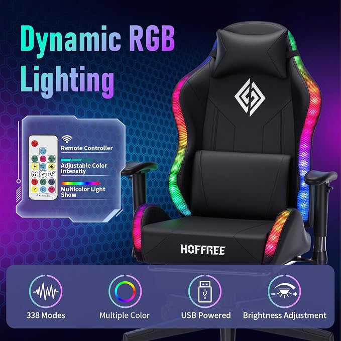 HOFFREE RGB Gaming Chair for Kids LED Computer Chair 155°Recliner-Black | PC Game Chair with Lights Gamer Chair for Boys Teens 8-15 Video Game Chairs with Footrest and Lumbar Support Racing Style - Image 5