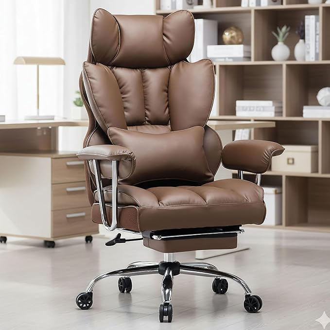 Efomao Big and Tall Office Chair 400lbs – PU Leather Executive Office Chair with Lumbar Support & Leg Rest, Heavy-Duty Computer Chair for Home Office, Brown | 400lbs support, 135° recline, dual-layer foam cushion, 23.5" seat & footrest. BIFMA by OFFICECHAIR