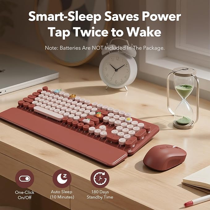 Wireless Keyboard and Mouse Combo, Wine Red Retro Typewriter Style Keyboard with Round Keycaps and Magnetic Wrist Rest, 2.4GHz Wireless for Mac, Windows PC, Laptop, Home Office, School, SABLUTE CK23 - Image 6