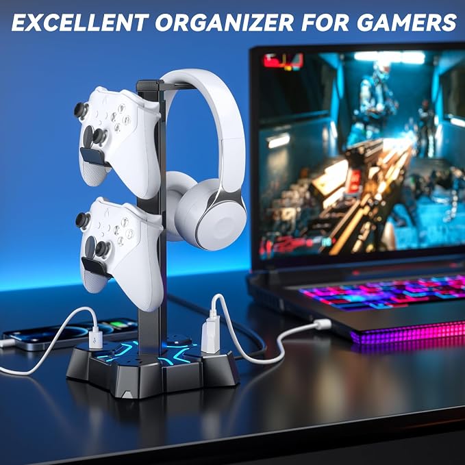 KDD Headphone Stand with USB Charger, Controller Stand for Desk, Headphone Holder with 2 USB Charging Ports and 3 AC Outlets, Accessories for Desktop(Black) - Image 6