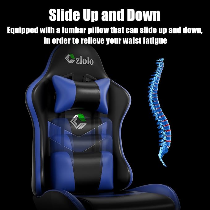 Czlolo Gaming Chair with Footrest Racing Style Lumbar Support Massager Video Game Chair with Metal Legs, High Back Gamer Chair with Headrest, 360° Swivel Office Computer Desk Chair, Navy Blue - Image 6