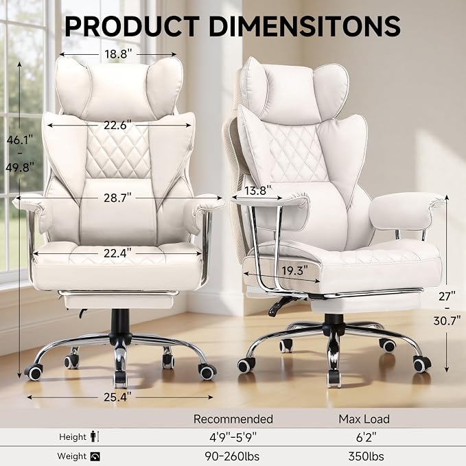 COMHOMA Big and Tall Office Chair, High Back Leather Gaming Chair with Footrest, Executive Ergonomic Office Chairs with Pocket Spring Lumbar Support and with Outward Fixed Soft Armrests - Image 3