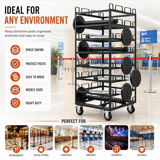 24 Posts Stanchion Cart, Crowd Control Stanchion Cart, Easy to Assemble, Horizontal Padded Storage Locking Wheels for Safety with 8 Tie-Down Straps, 32 x 32 x 77 in - Image 7