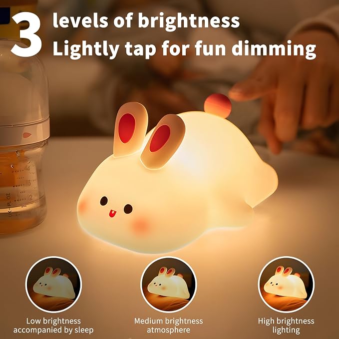 Cute Rabbit Night Light,Squishy Animal Nightlamp,Rechargerable Dimmable Nursery Bunny Lamp Soft Silicone Table Bedroom Lamp Portable Adjustable Lighting Bedroom Bedside Gift - Image 2