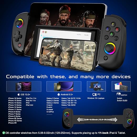 Joso Mobile Gaming Controller for iPhone/iPad/Tablet, Android Wireless Controller with Hall Effects Joysticks, Support PC/Switch, Play Cloud Games/PS Remote Play/COD/Genshin Impact & More - Black - Image 2
