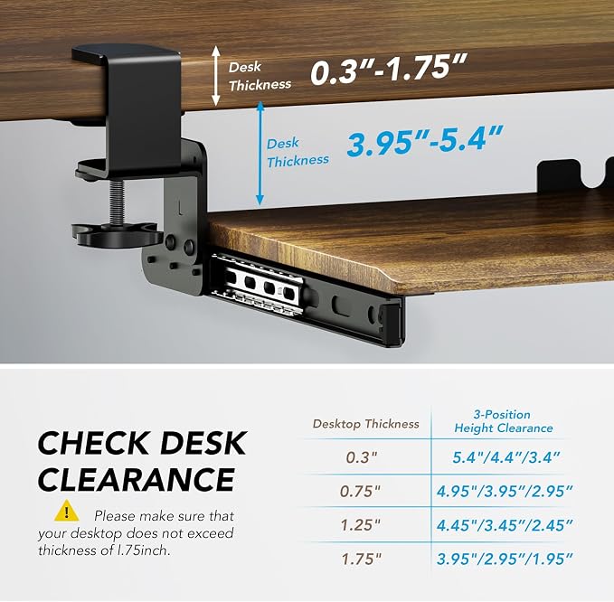 AX WABER Keyboard Tray Under Desk Pull Out with Extra Sturdy C Clamp Mount System, 27.3 (32.5 inch Including Clamps) x 11 Inch Slide-Out Platform Computer Drawer for Typing Vintage AX01WG02 - Image 5