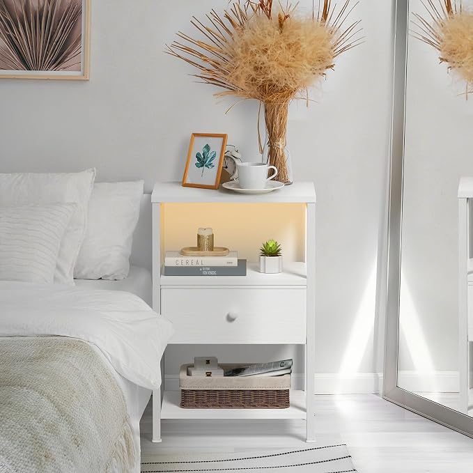 BOLUO White Nightstand with Charging Station, LED Night Stand with Fabric Drawers and Shelf, Bedside Table with USB Ports and Outlets, Bedroom Nightstand Modern - Image 6